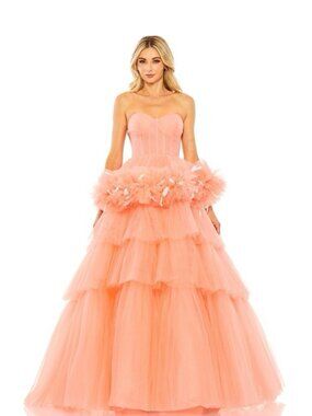 Mac Duggal Size 10 Coral 20530 Feather Ruffle Strapless Ball Gown Formal Dress